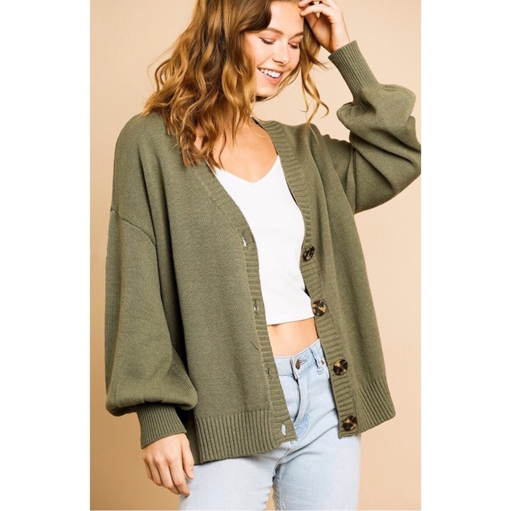 💕 Olive Green Puff Sleeve Cardigan Sweater - Picture 2 of 5